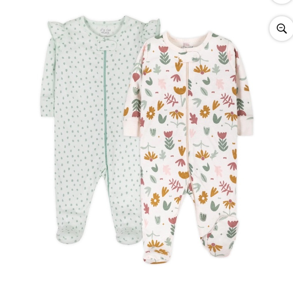 Little Star Organic Baby Girl One Pieces - Green and Floral - 0-3M
